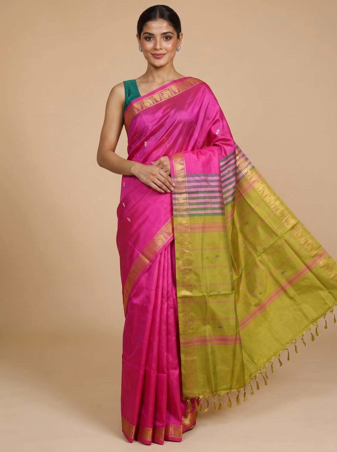 Pink with Olive Green Munthi Vaalai Naar Pattu Saree