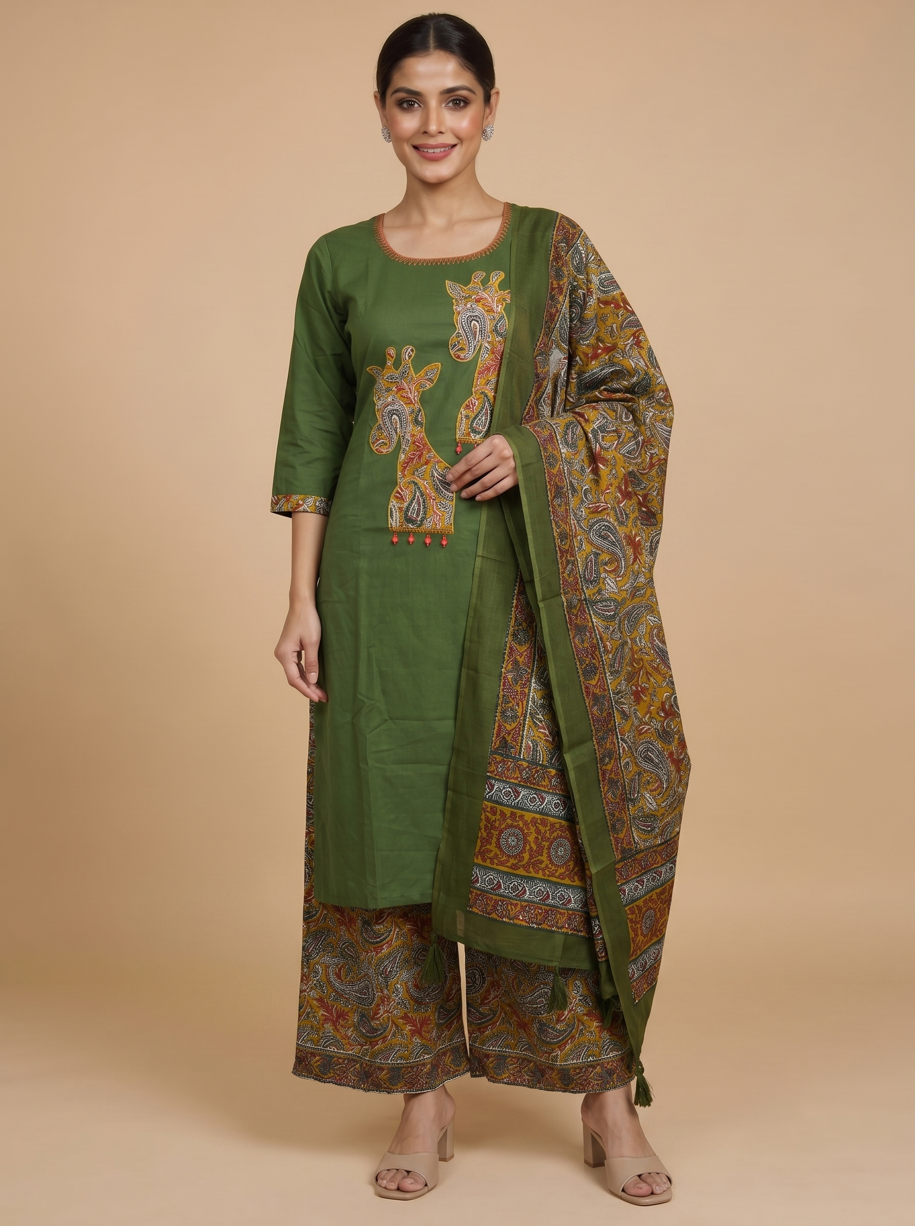Olive Green with Printed Dupatta Ready Made Salwar Suit
