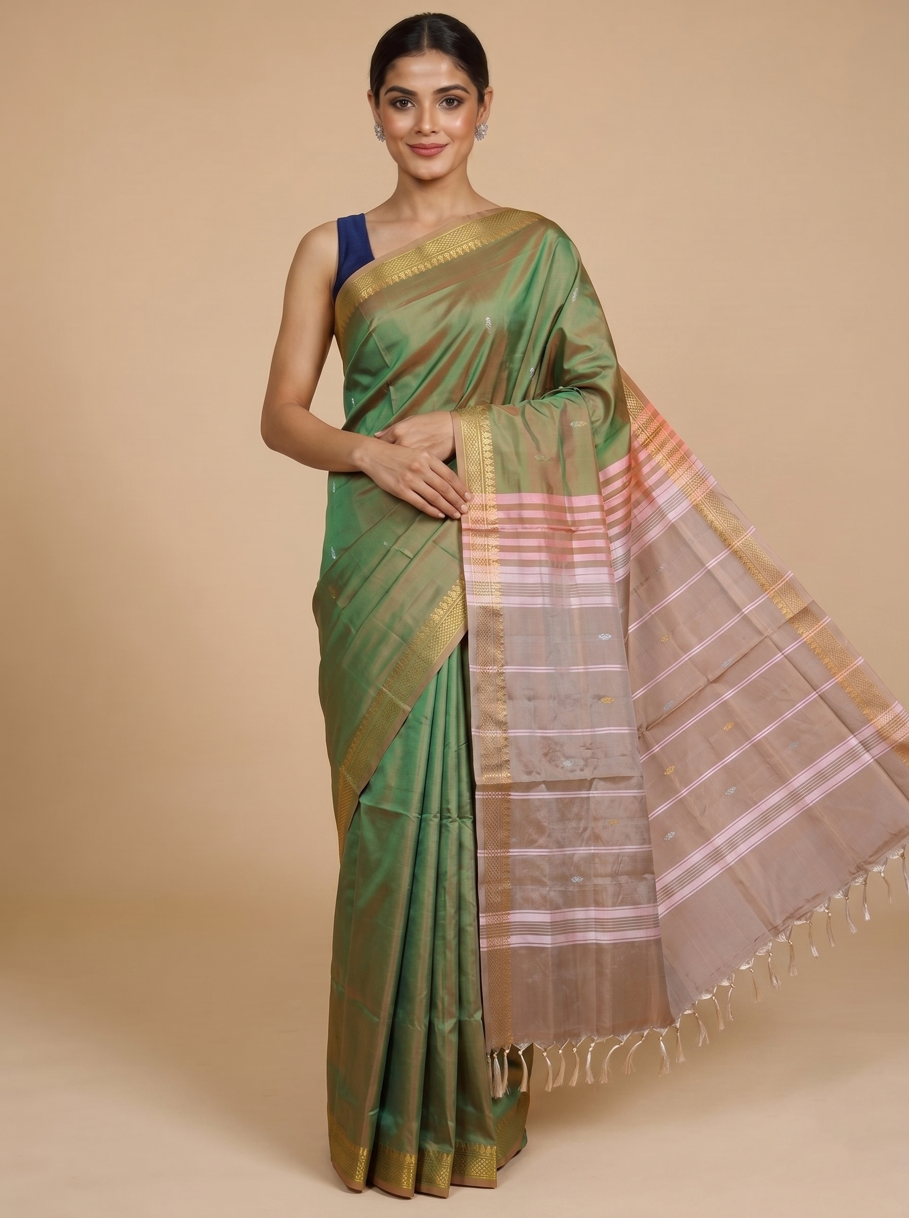 Olive Green with Pastel Pink and Beige Munthi Vaalai Naar Pattu Saree