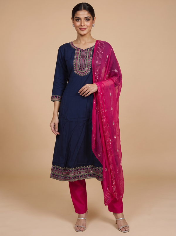Navy Blue with Magenta Dupatta Anarkali Set