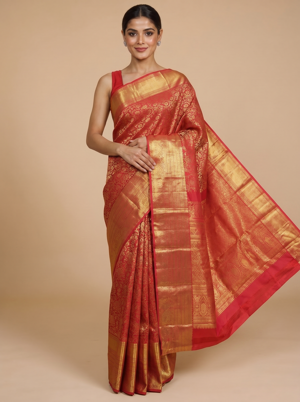 Regal Crimson Red and Antique Gold Pure Kanjivaram Silk Saree