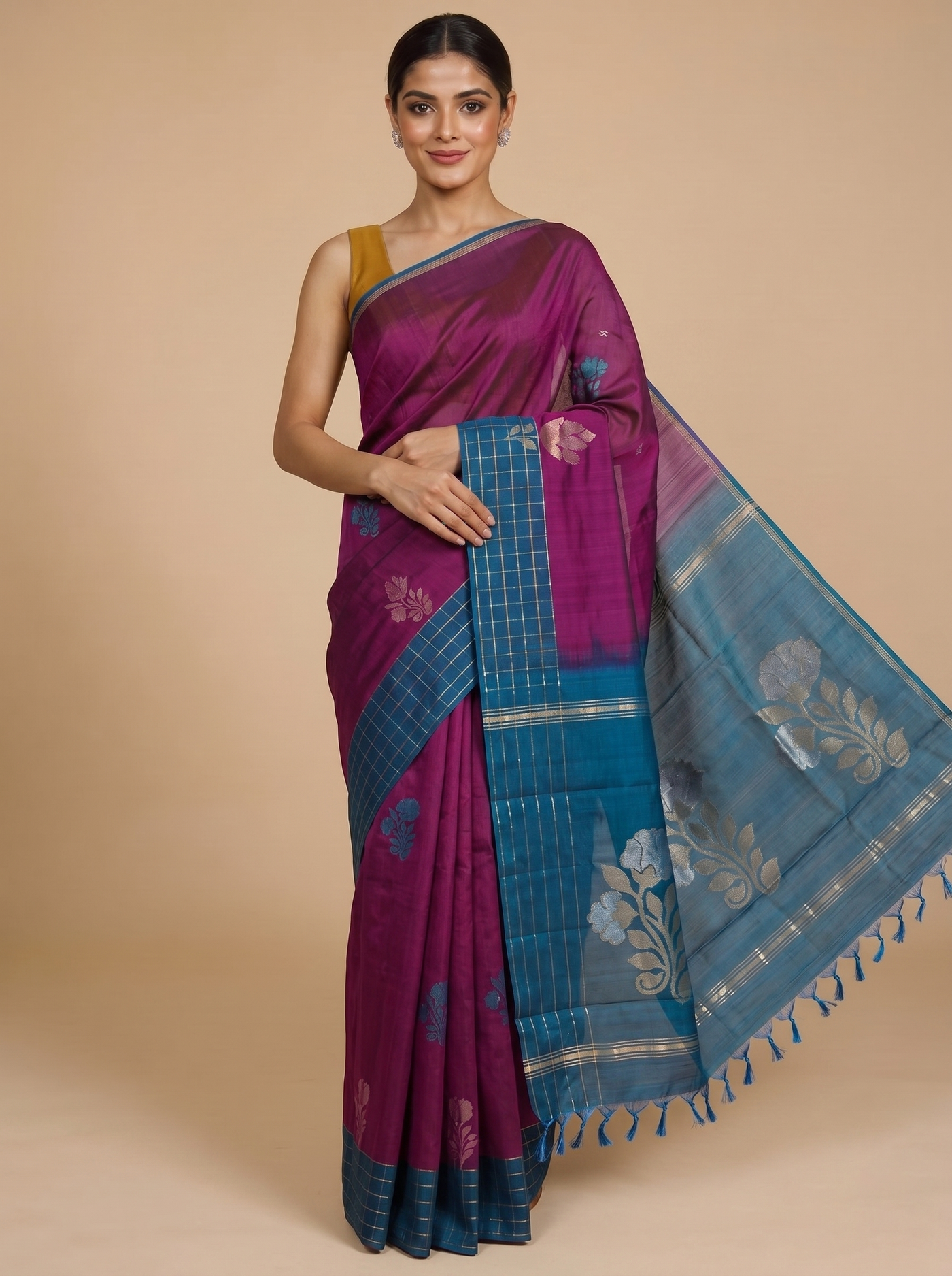 Wine with Teal Blue - Pure Silk Cotton Saree