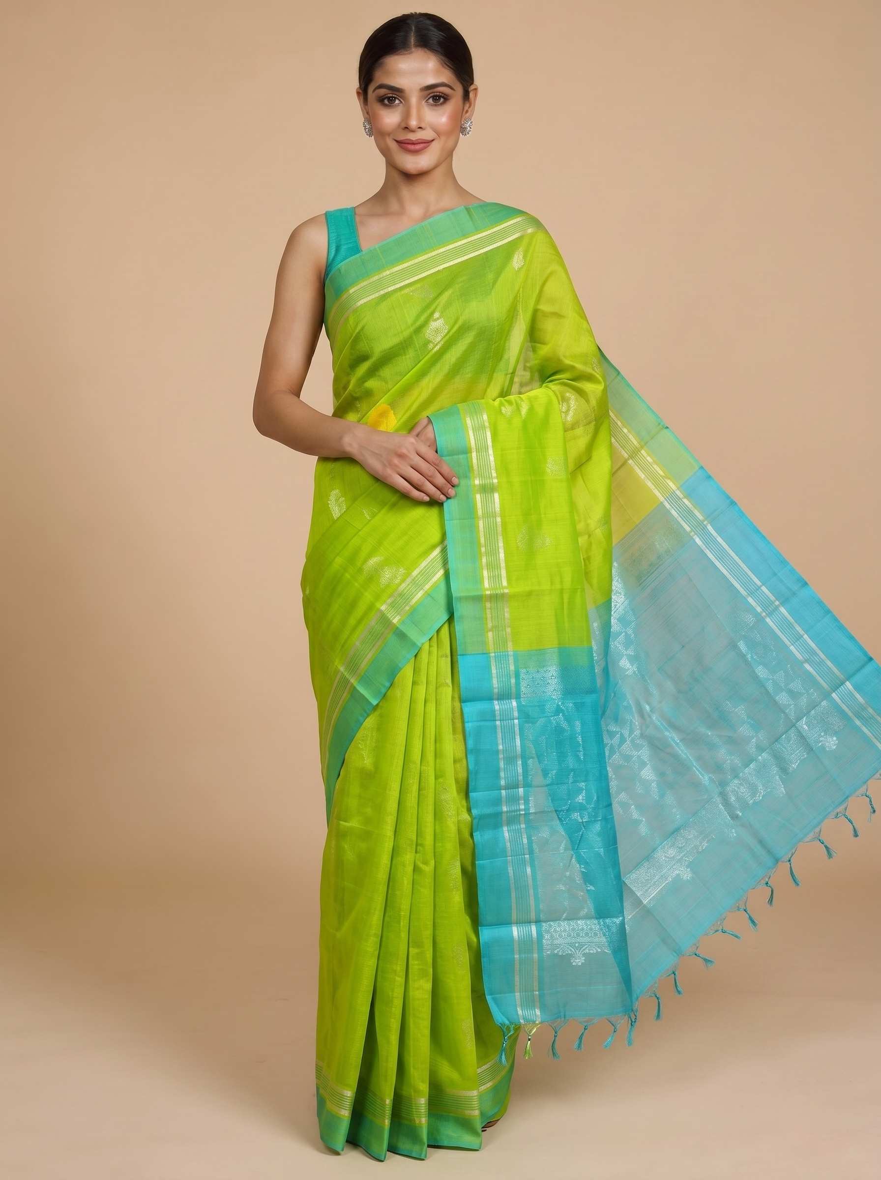 Lime Green with Turquoise Blue - Pure Silk Cotton Saree
