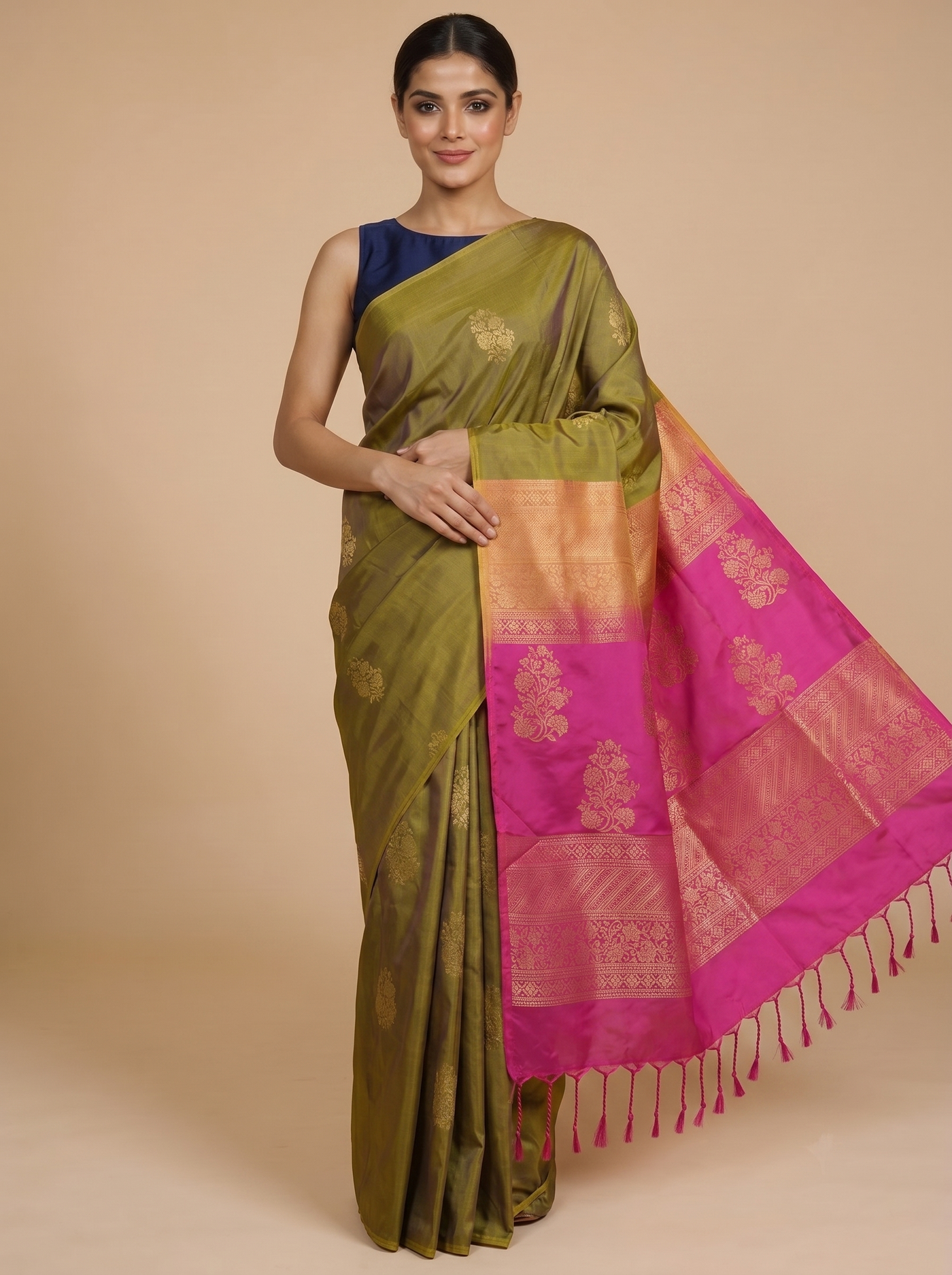 Olive Green with Pink - Semi Silk Saree
