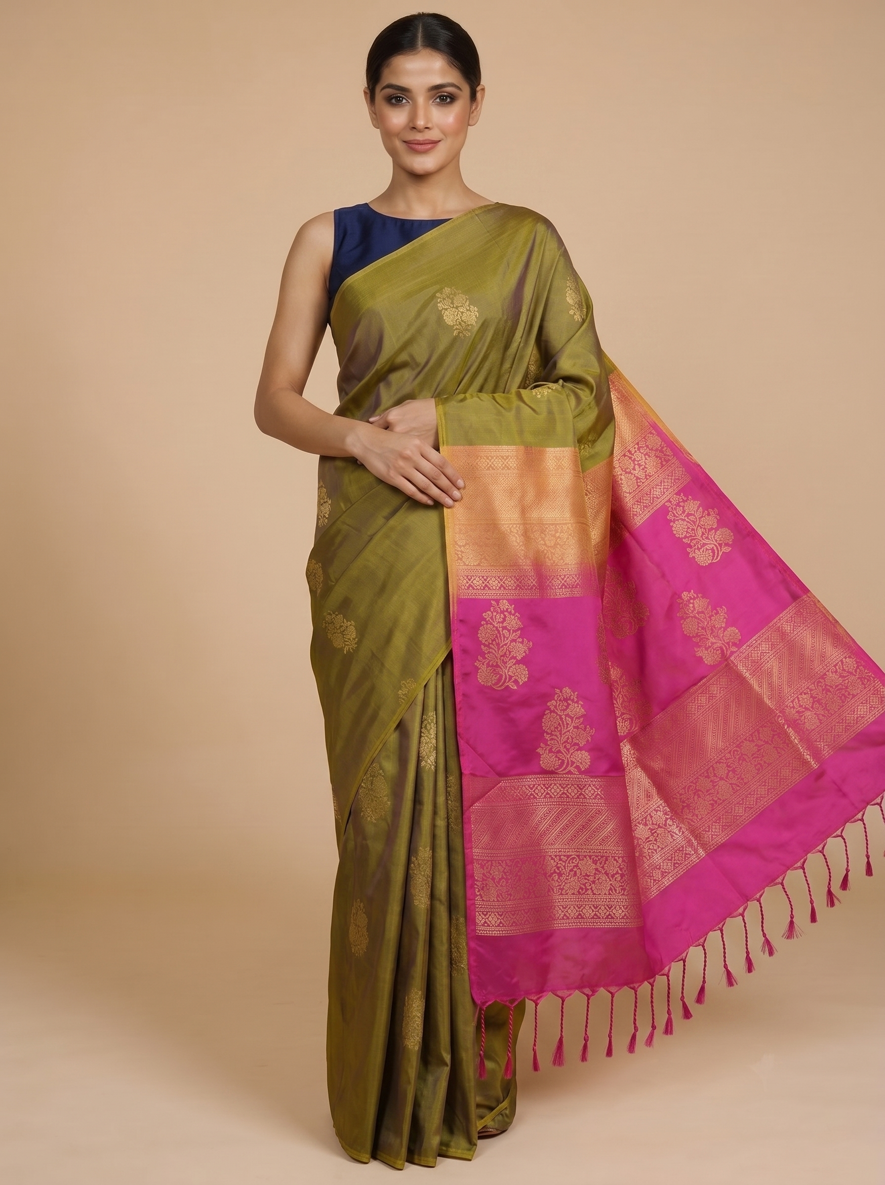 Olive Green with Pink - Semi Silk Saree