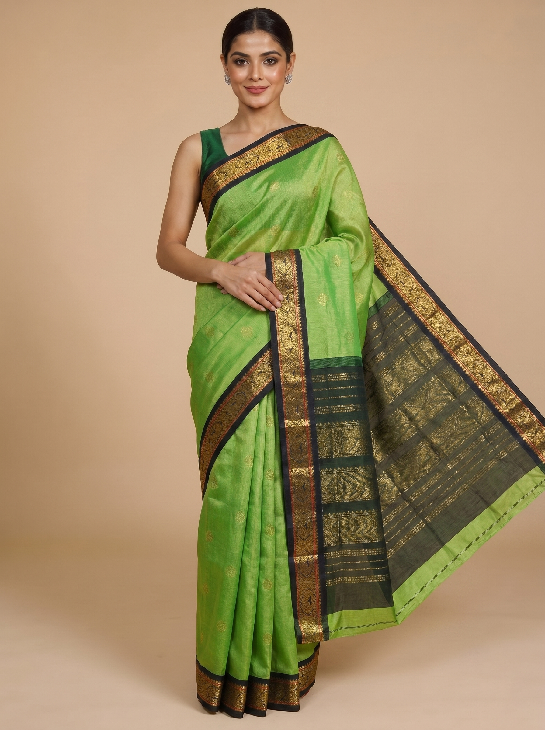 Elegant Parrot Green Pure Silk Cotton Saree with Traditional Zari Border