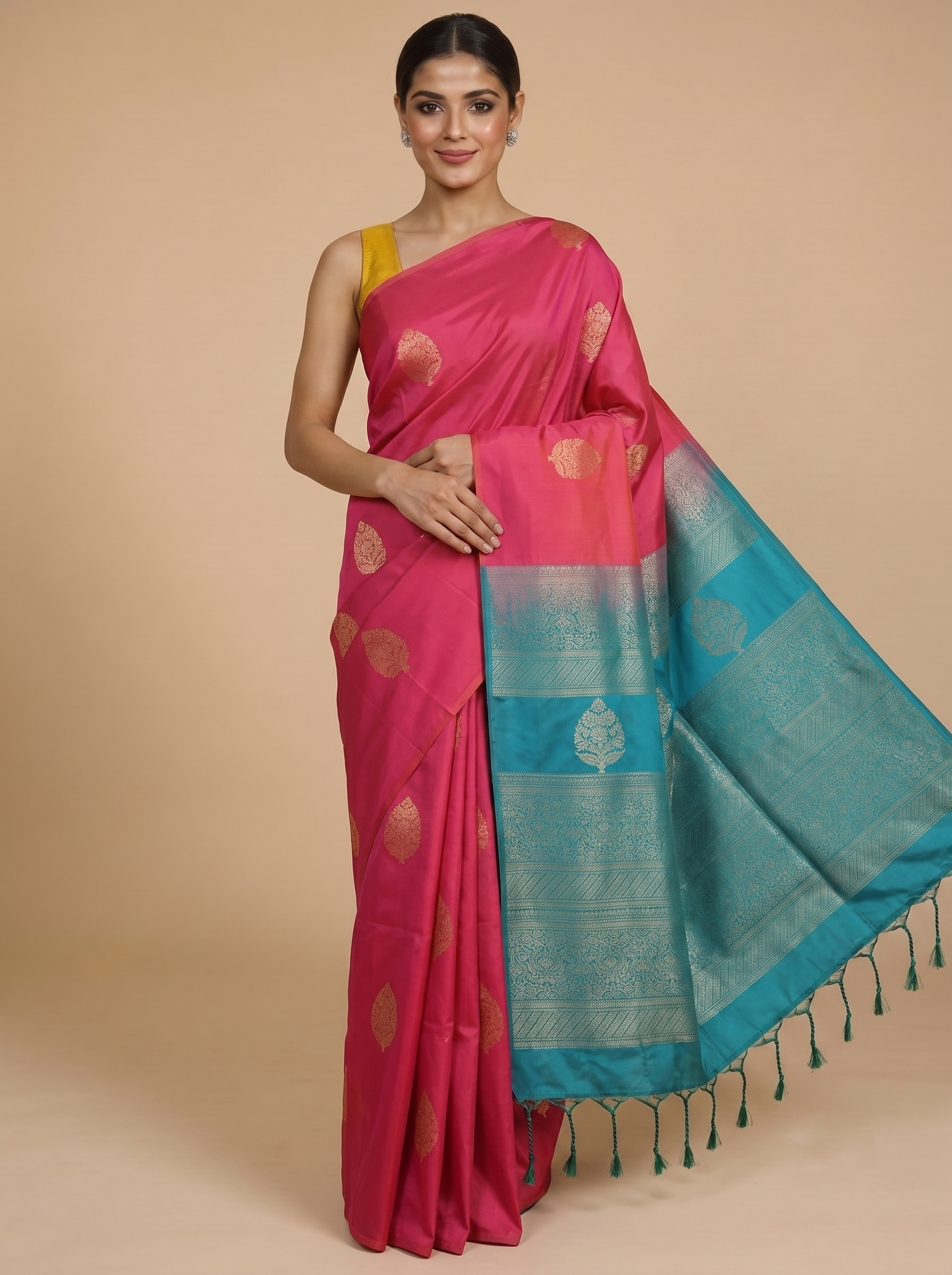 Pink with Teal - Semi Silk Saree