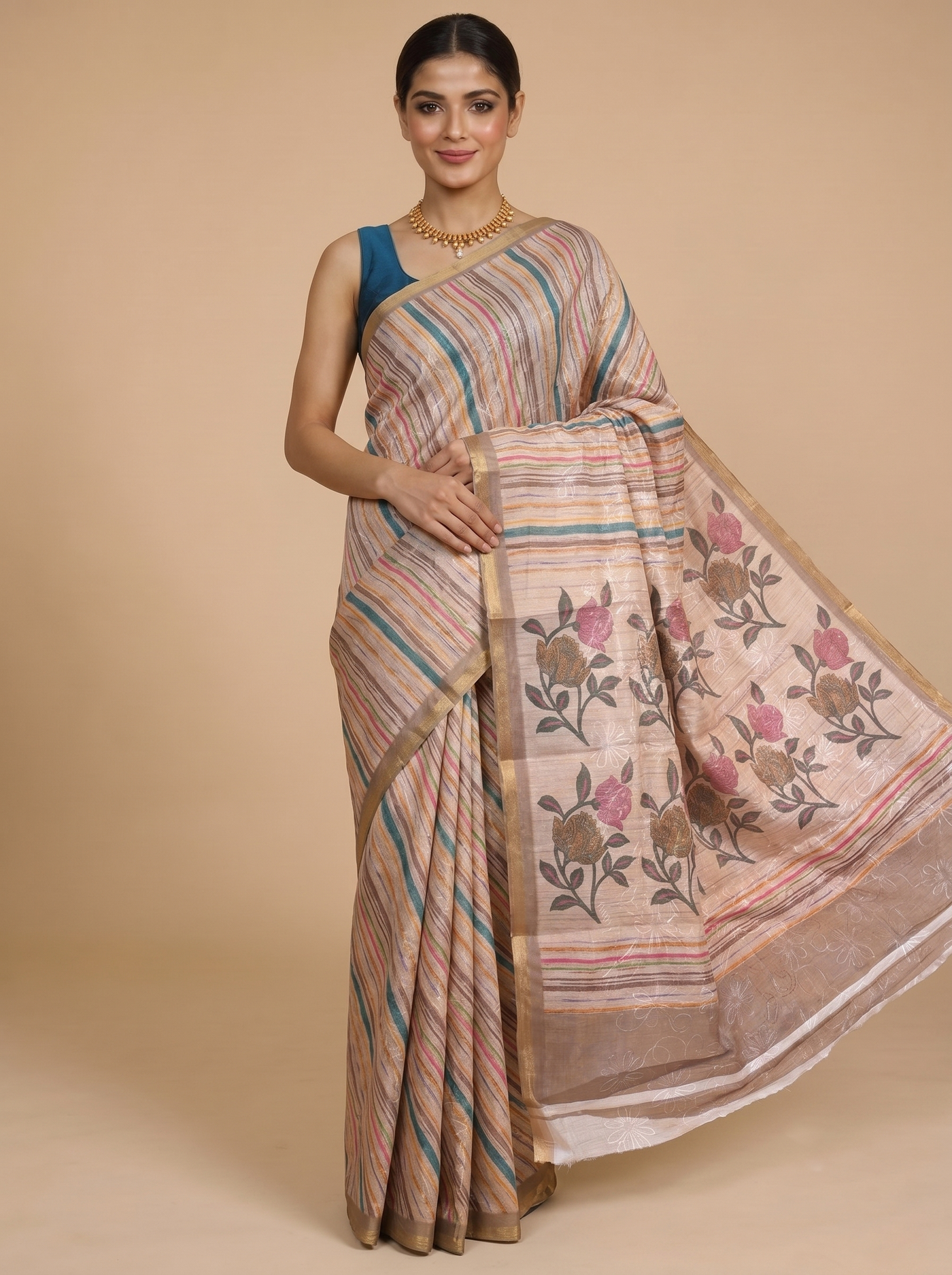 Beige and Multicolor Stripes with Floral Pallu - Linen Cotton Saree