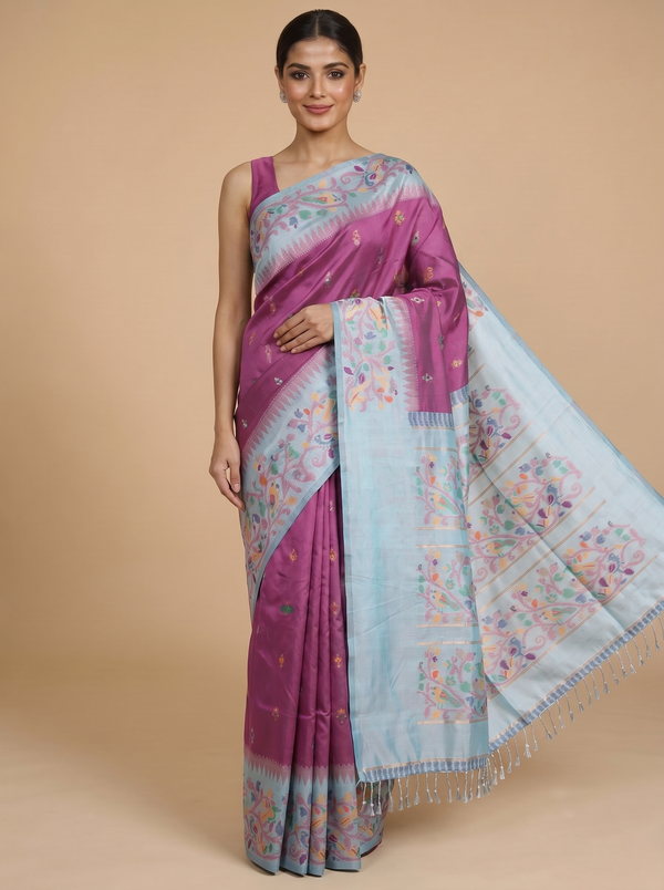 Magenta with Ice Blue Fancy Silk Saree