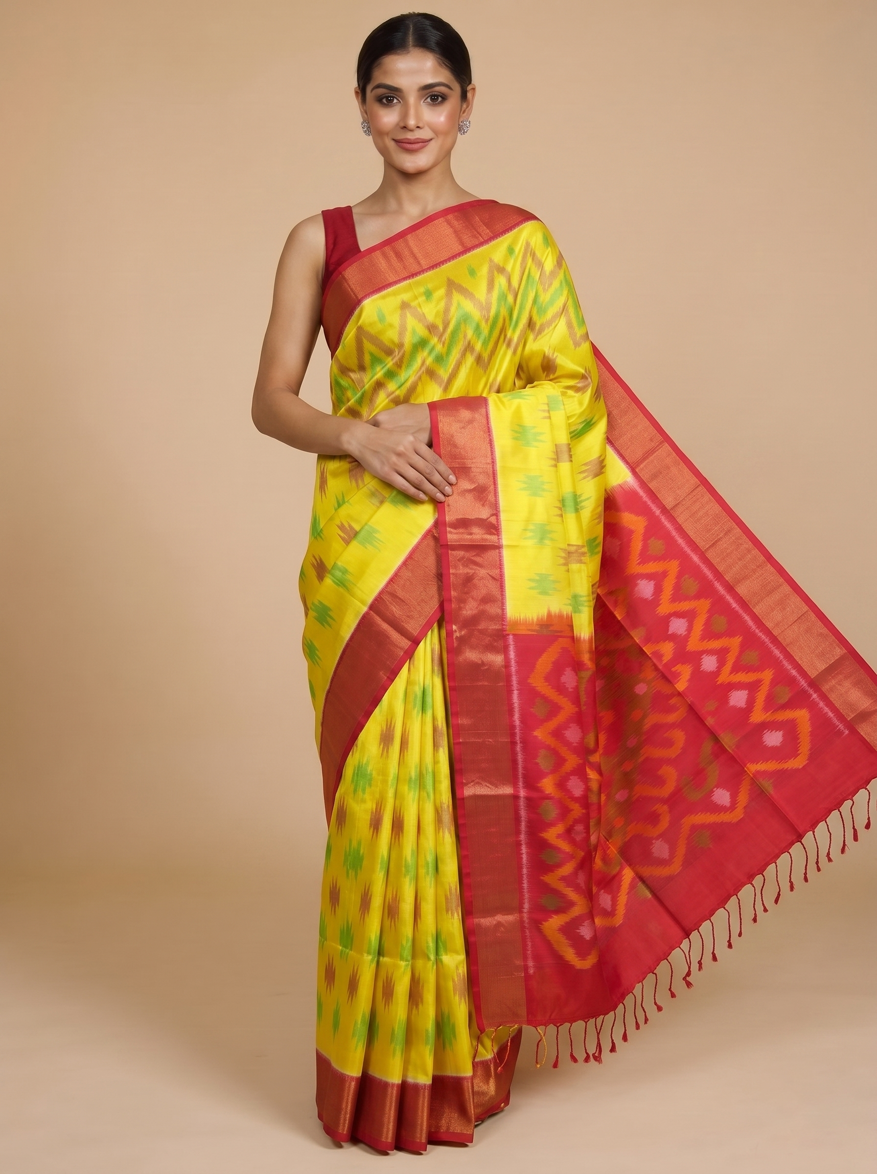 Yellow with Crimson Red - Pure Kanchipuram Silk Saree