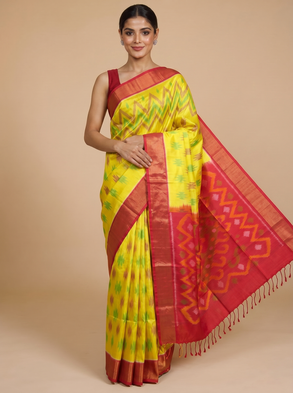 Yellow with Crimson Red - Pure Kanchipuram Silk Saree