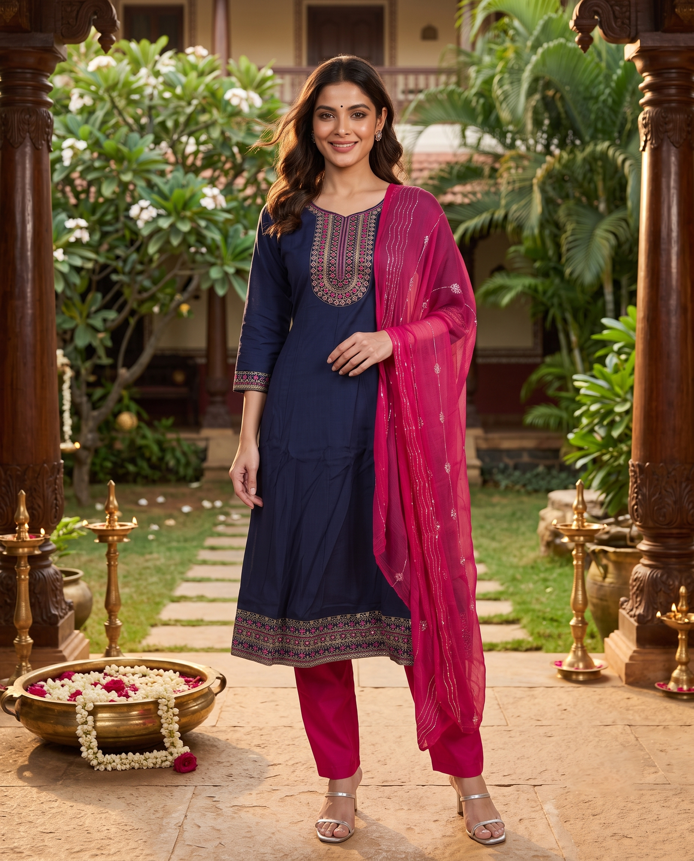 Navy Blue with Magenta Dupatta Ready Made Kurti Set