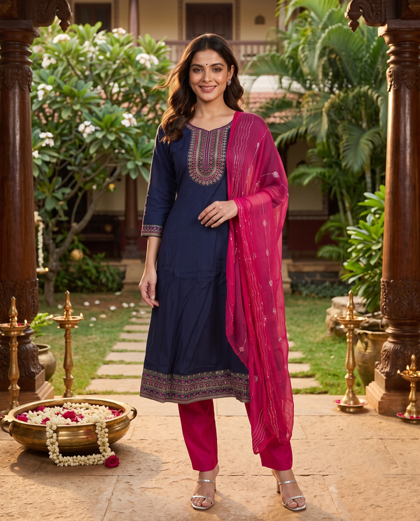 Navy Blue with Magenta Dupatta Anarkali Set
