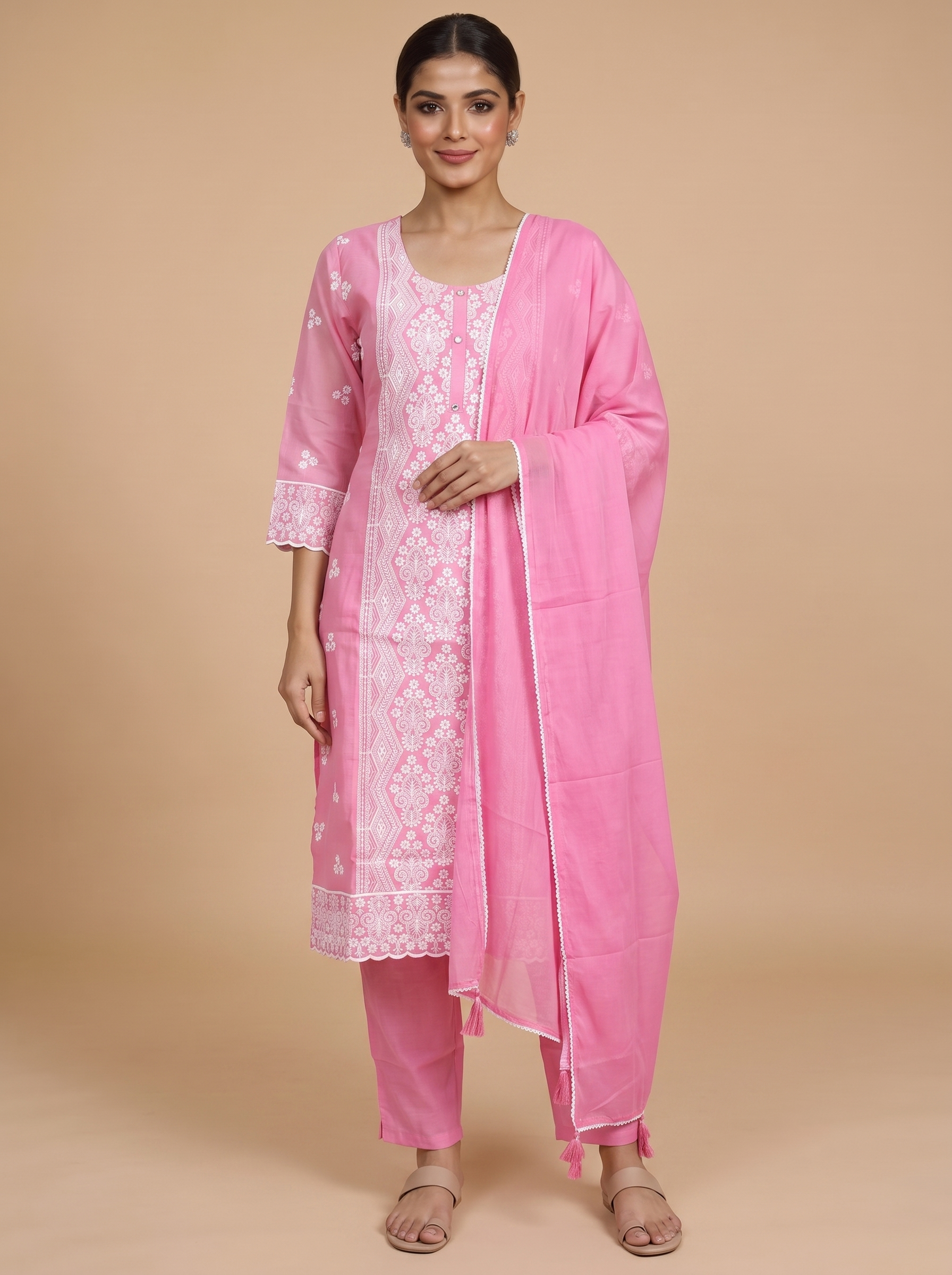 Pink with White Dupatta Ready Made Kurti Set