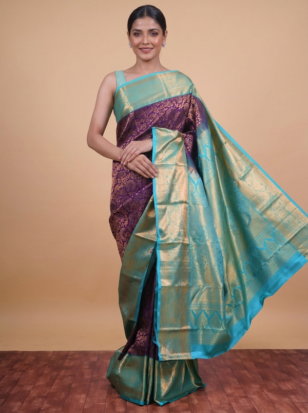 Exquisite Royal Purple and Mint Green Kanjivaram Silk Saree