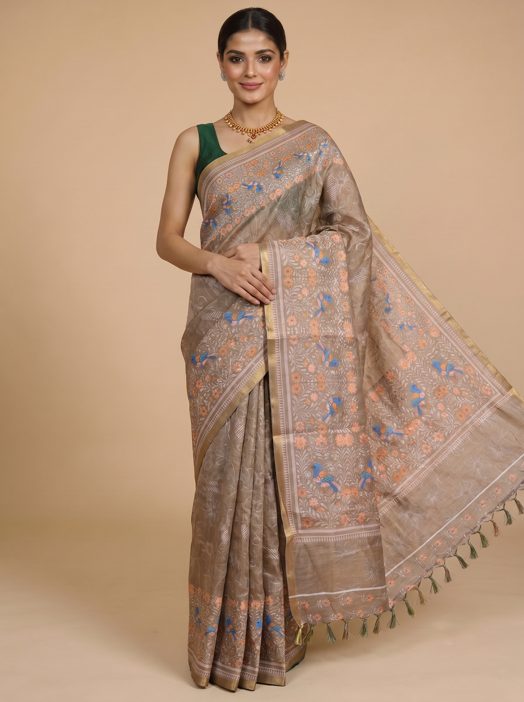 Beige with Multicolored Accents - Linen Cotton Saree