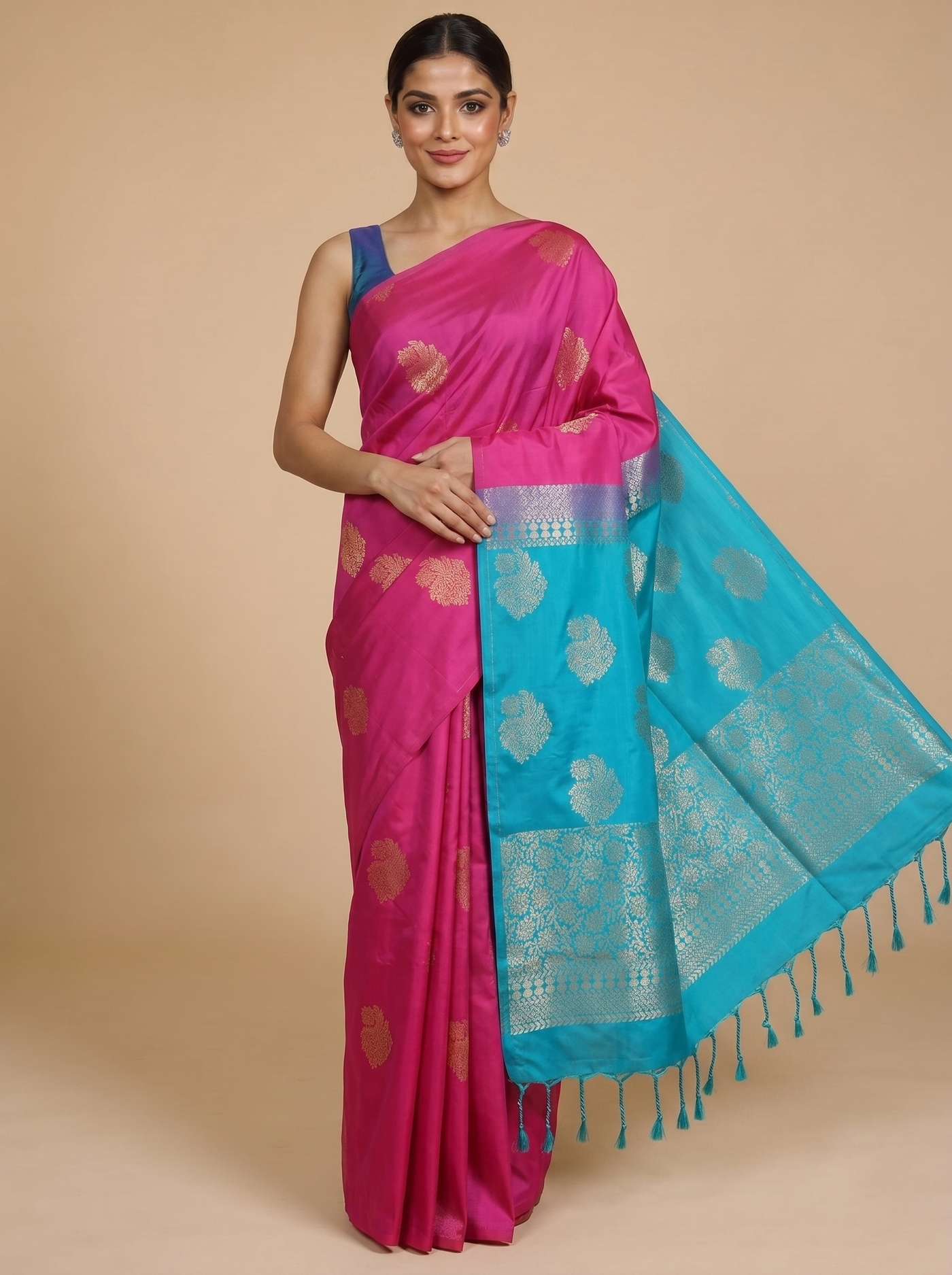 Magenta Pink with Turquoise Blue - Semi Silk Saree