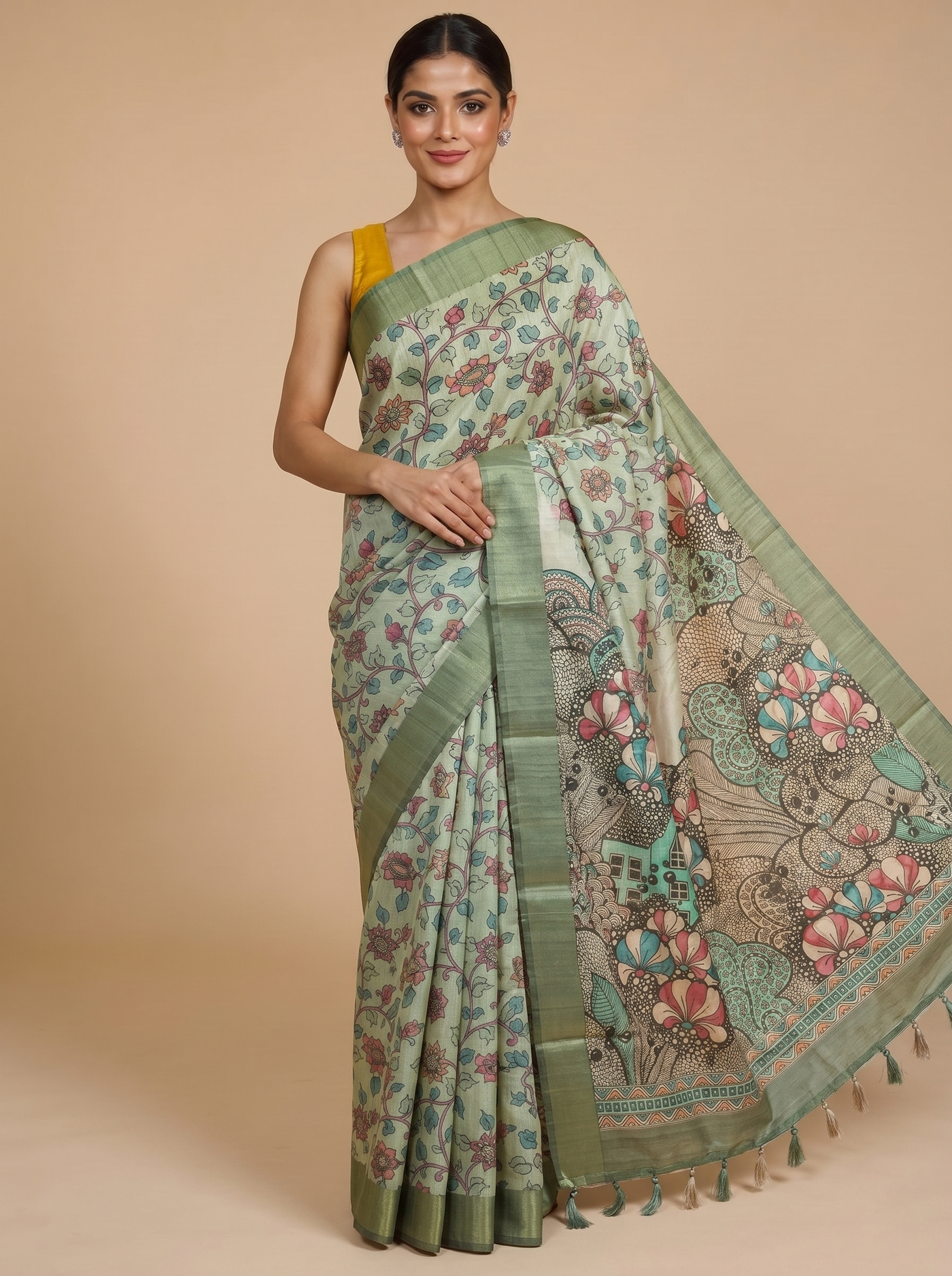 Cream with Sage Green - Semi Tussar Saree