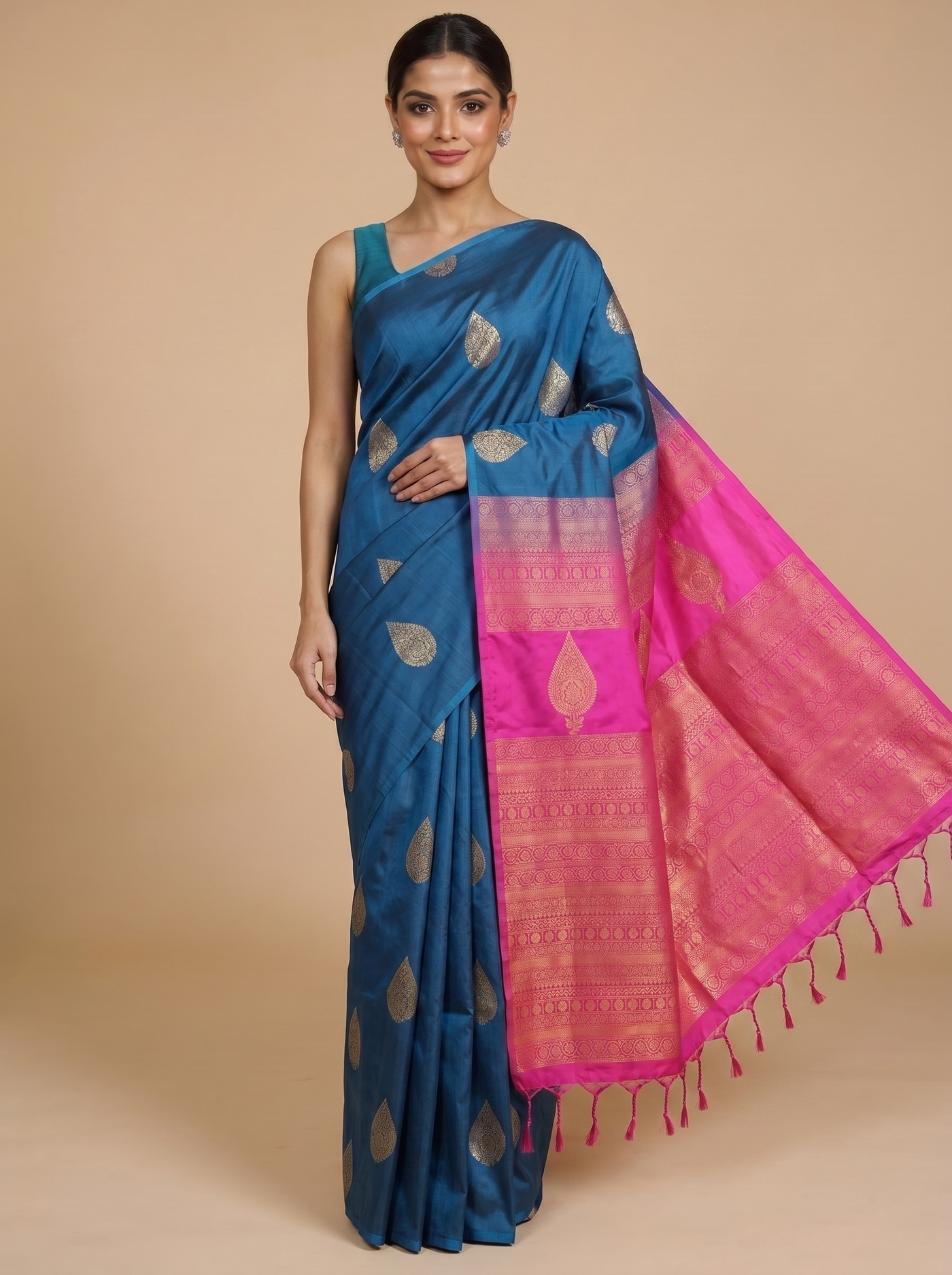 Peacock Blue with Rani Pink Semi Silk Saree
