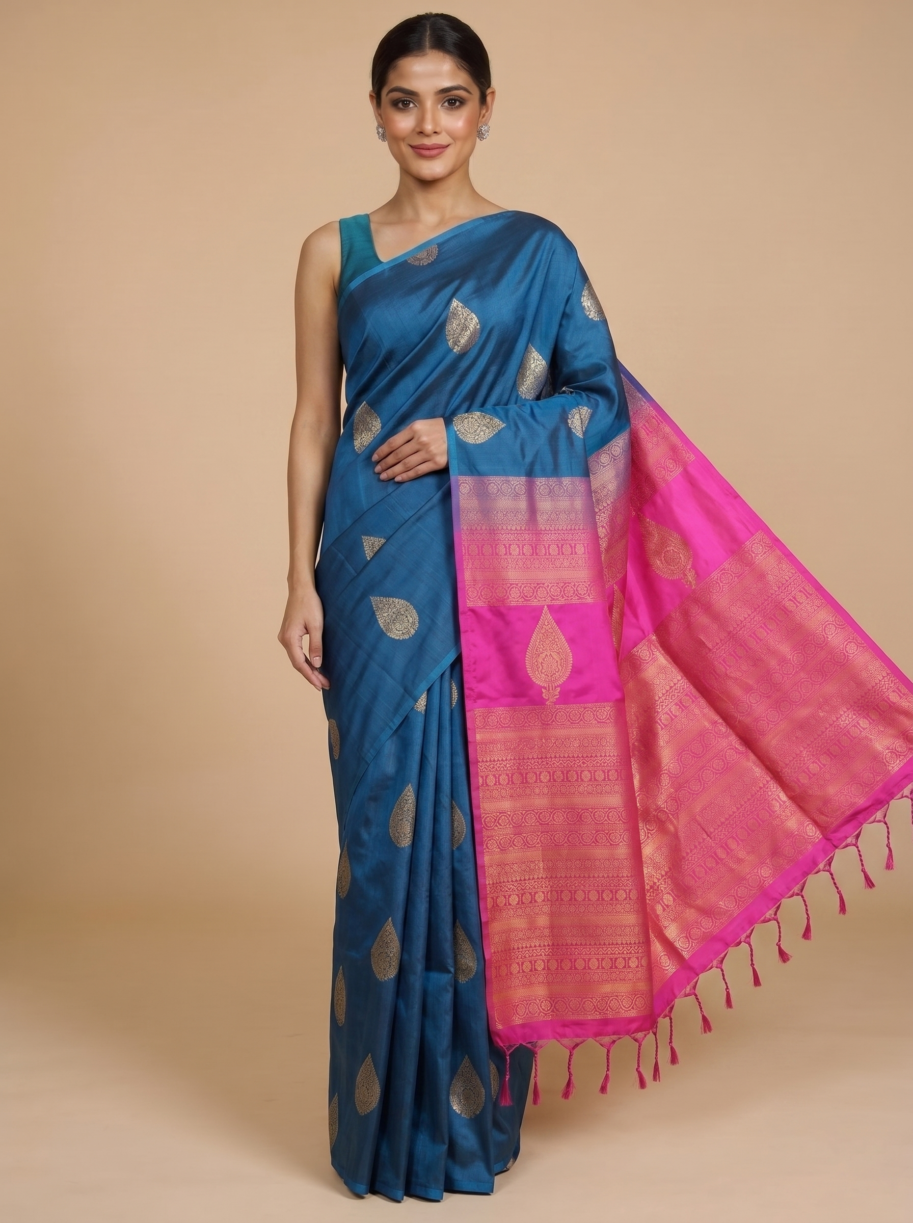 Peacock Blue with Rani Pink Semi Silk Saree