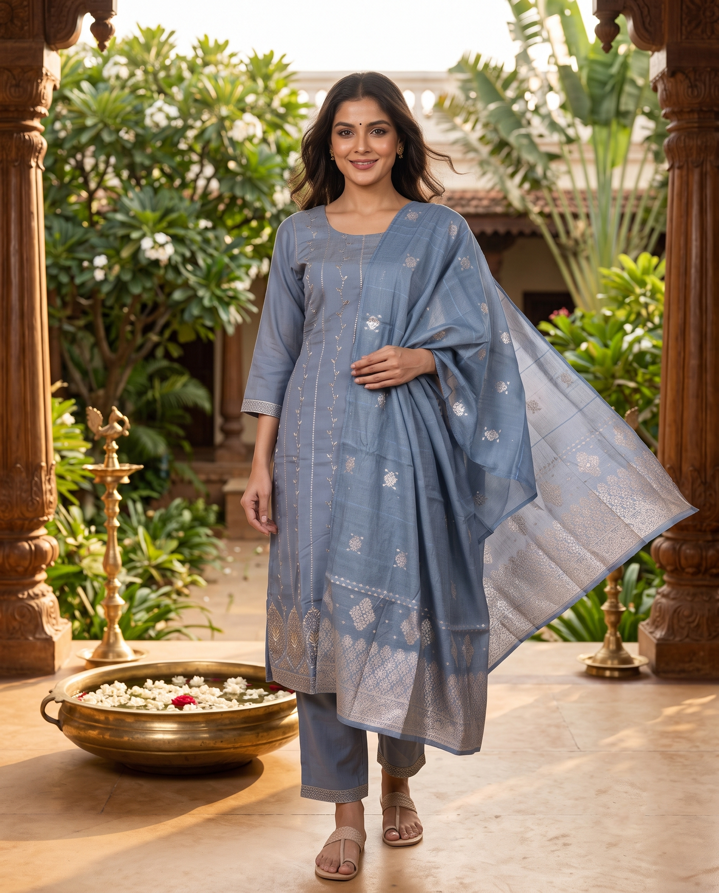 Steel Blue with zari Dupatta Ready Made Kurti Set