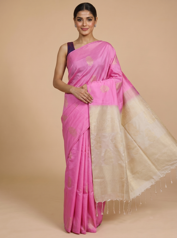 Pink with Cream - Semi Silk Saree
