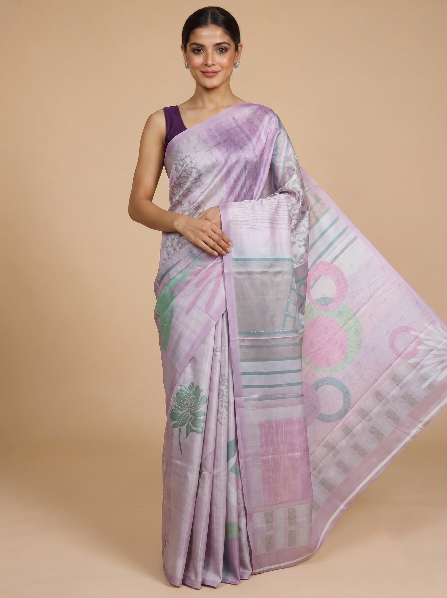 Lavender with Multi-Color Geometric Pallu - Semi Tussar Saree
