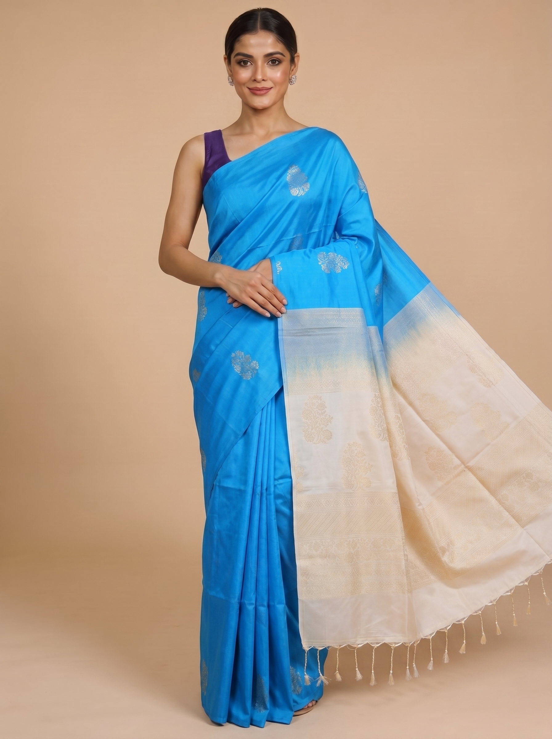 Sky Blue with Cream - Semi Silk Saree
