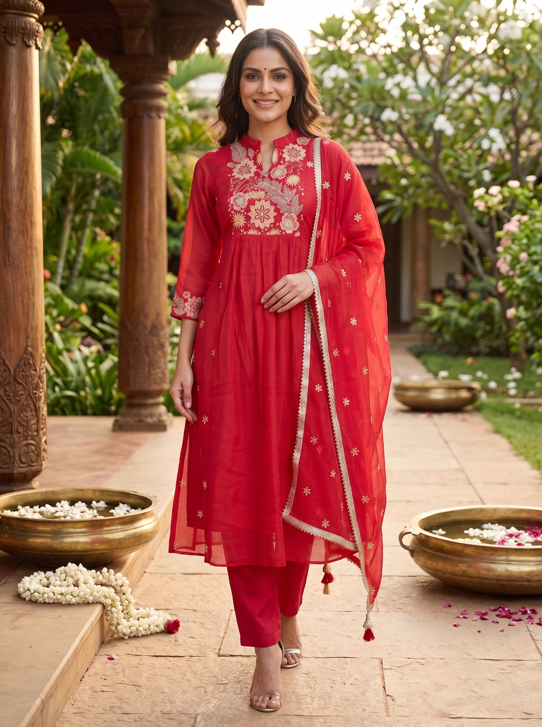 Crimson Red with Dupatta Anarkali Set