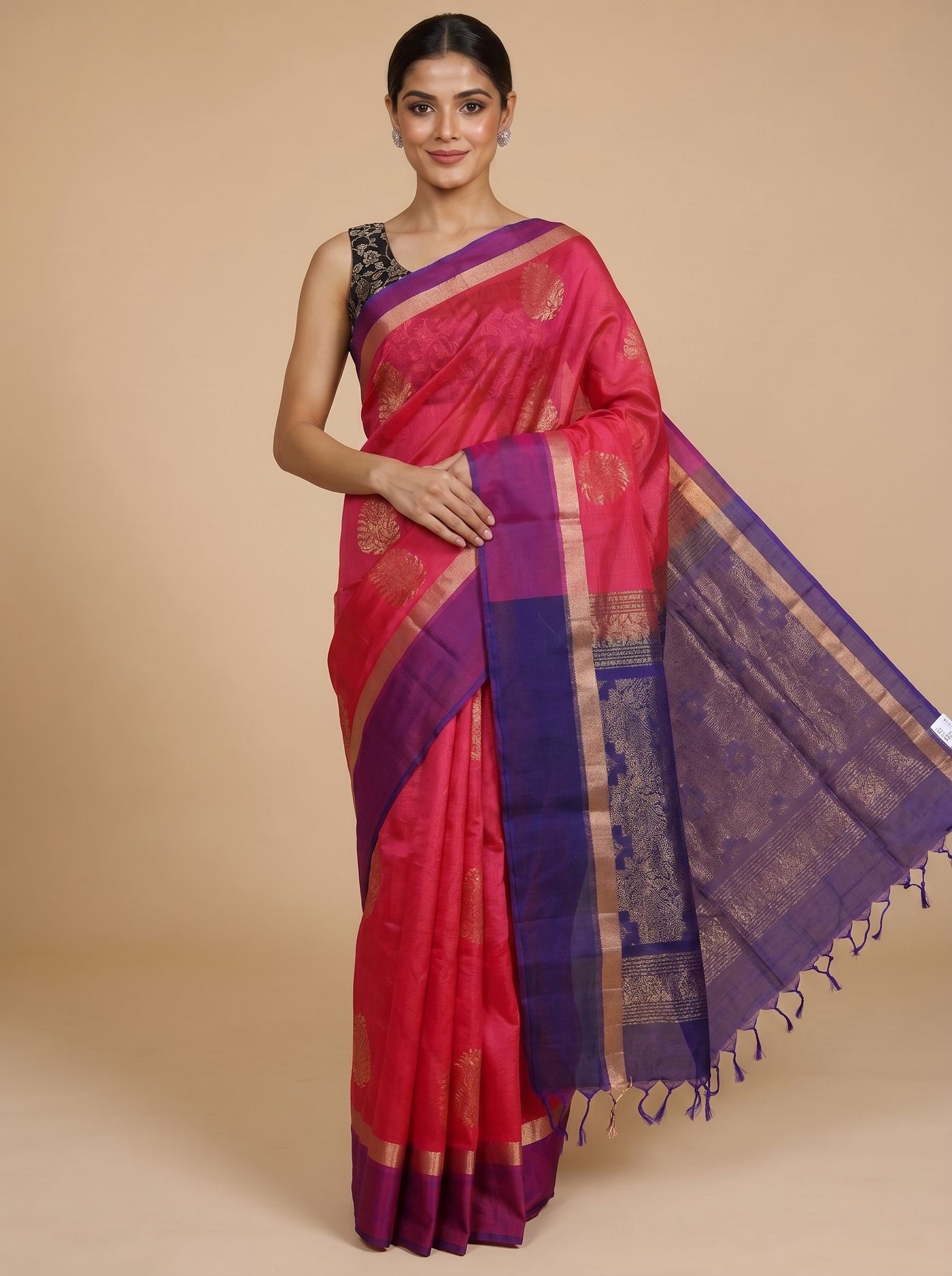 Pure Silk Cotton Saree in Vibrant Pink and Violet-Blue with Traditional Zari Border