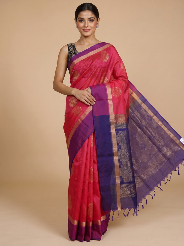 Pure Silk Cotton Saree in Vibrant Pink and Violet-Blue with Traditional Zari Border