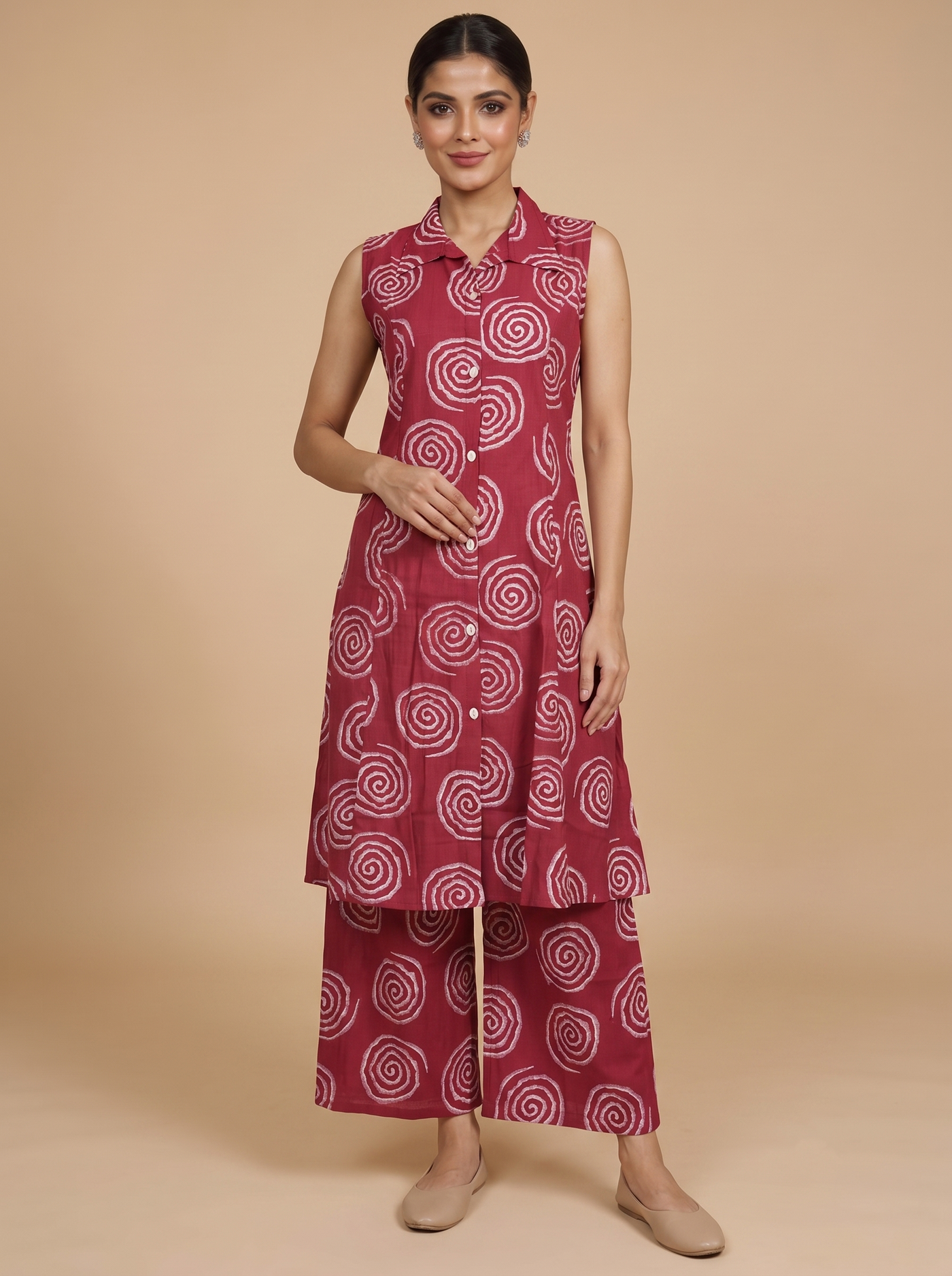 Maroon With Wthie Ready Made Kurti Set