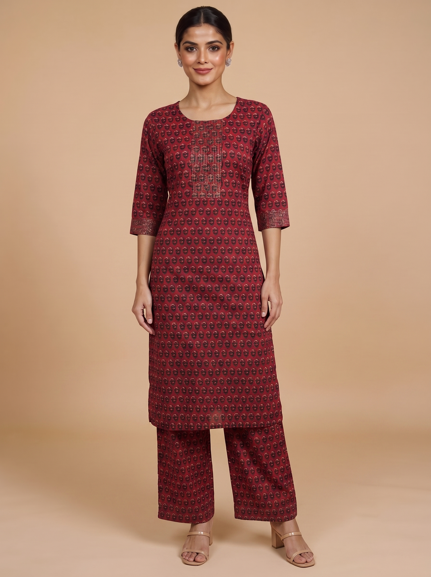 Maroon Printed Cotton Kurti Set