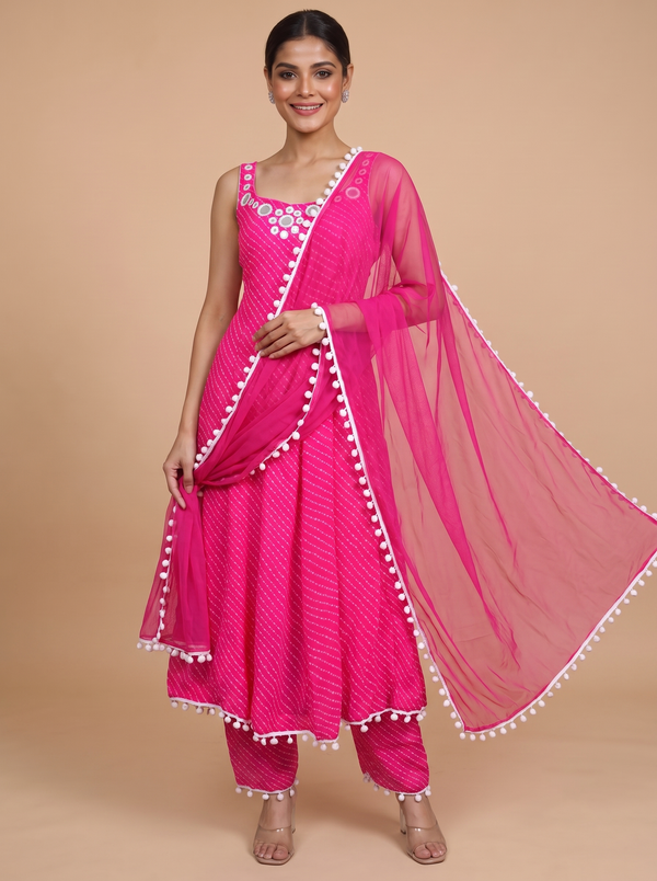 Pink with white border Dupatta Ready Made Kurti Set