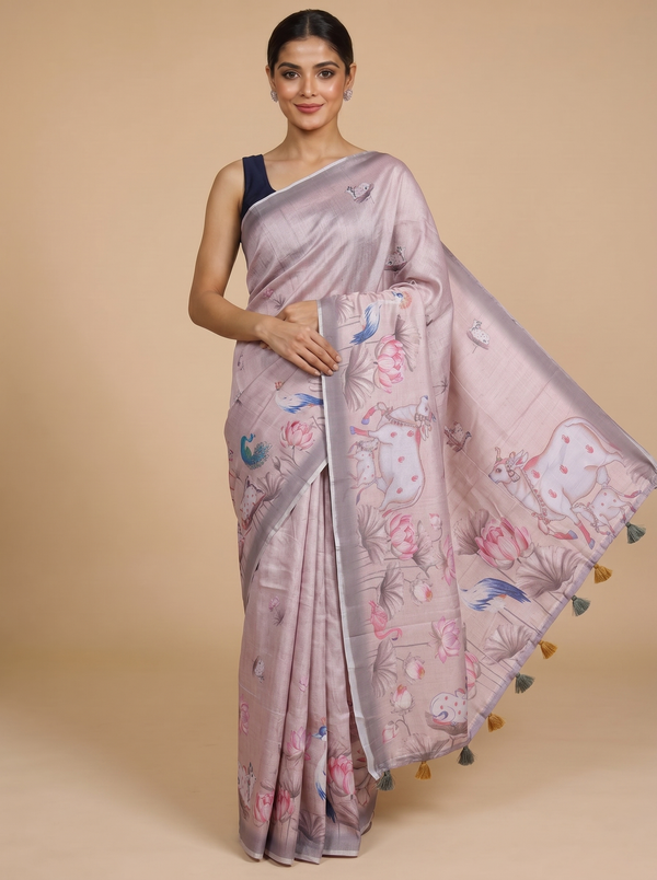 Pastel Mauve with Multicolor Munthi  Dola Silk Saree