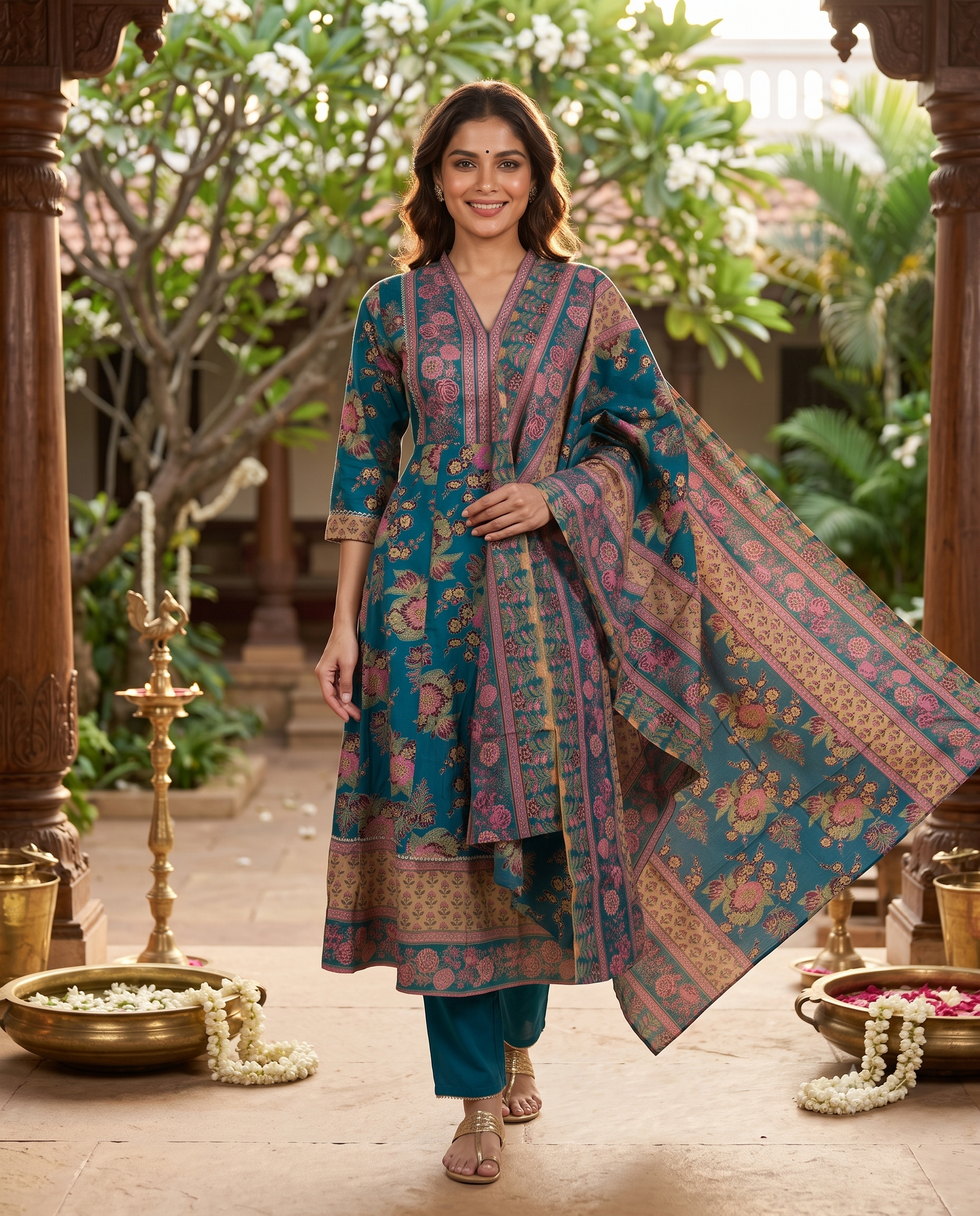 Teal Blue with Matching Floral Dupatta Ready Made Kurti Set