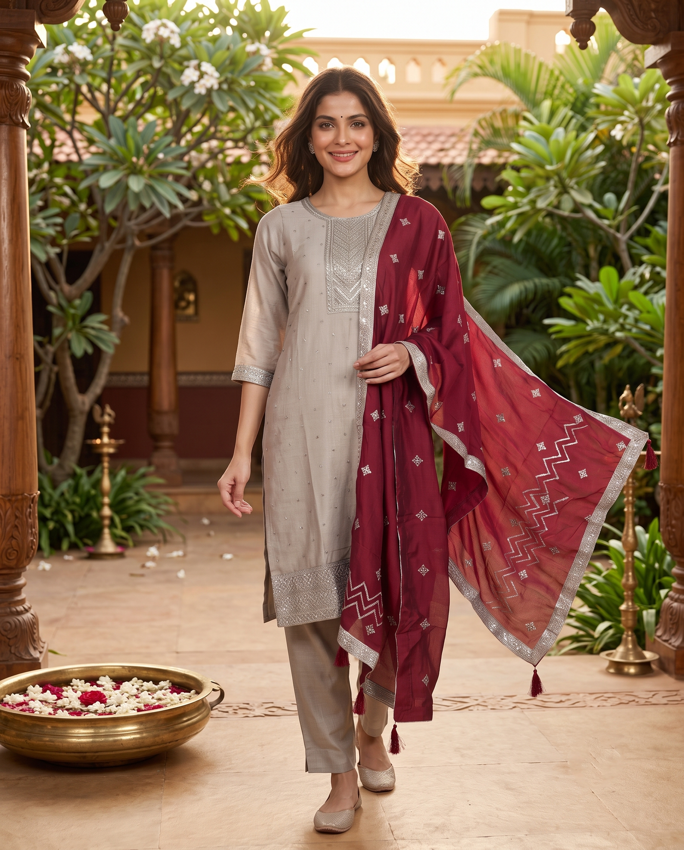 Grey with Maroon Dupatta Ready Made Kurti Set