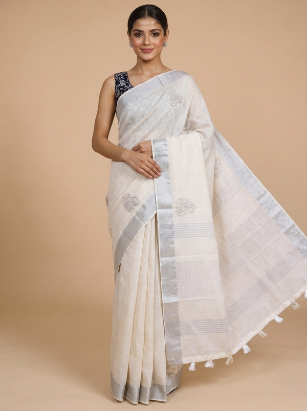Off-White with Silver - Linen Cotton Saree