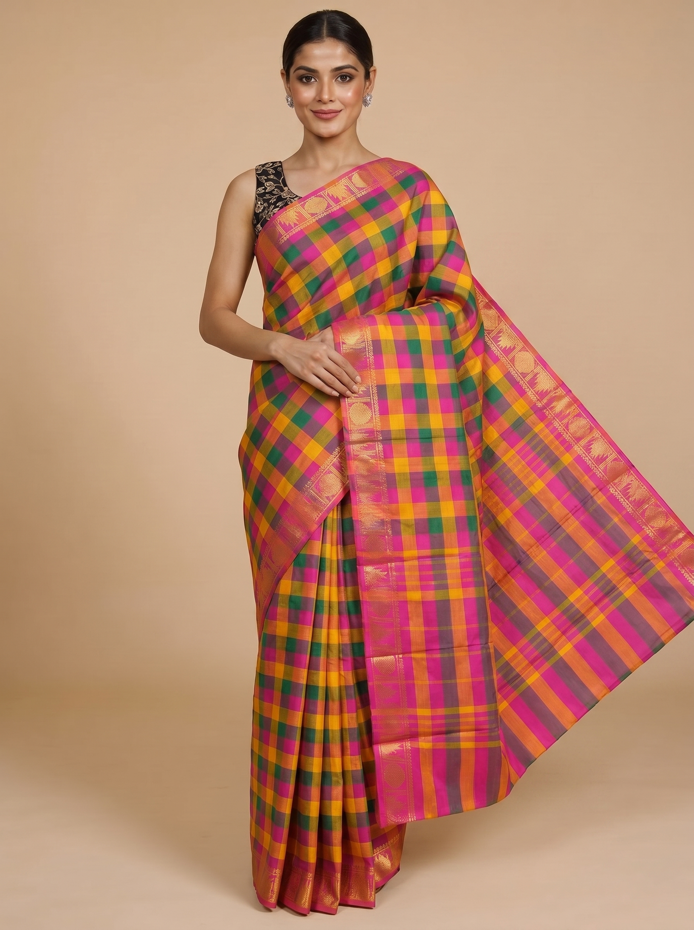 Multicolor Plaid and Pink Chettinad Cotton Saree