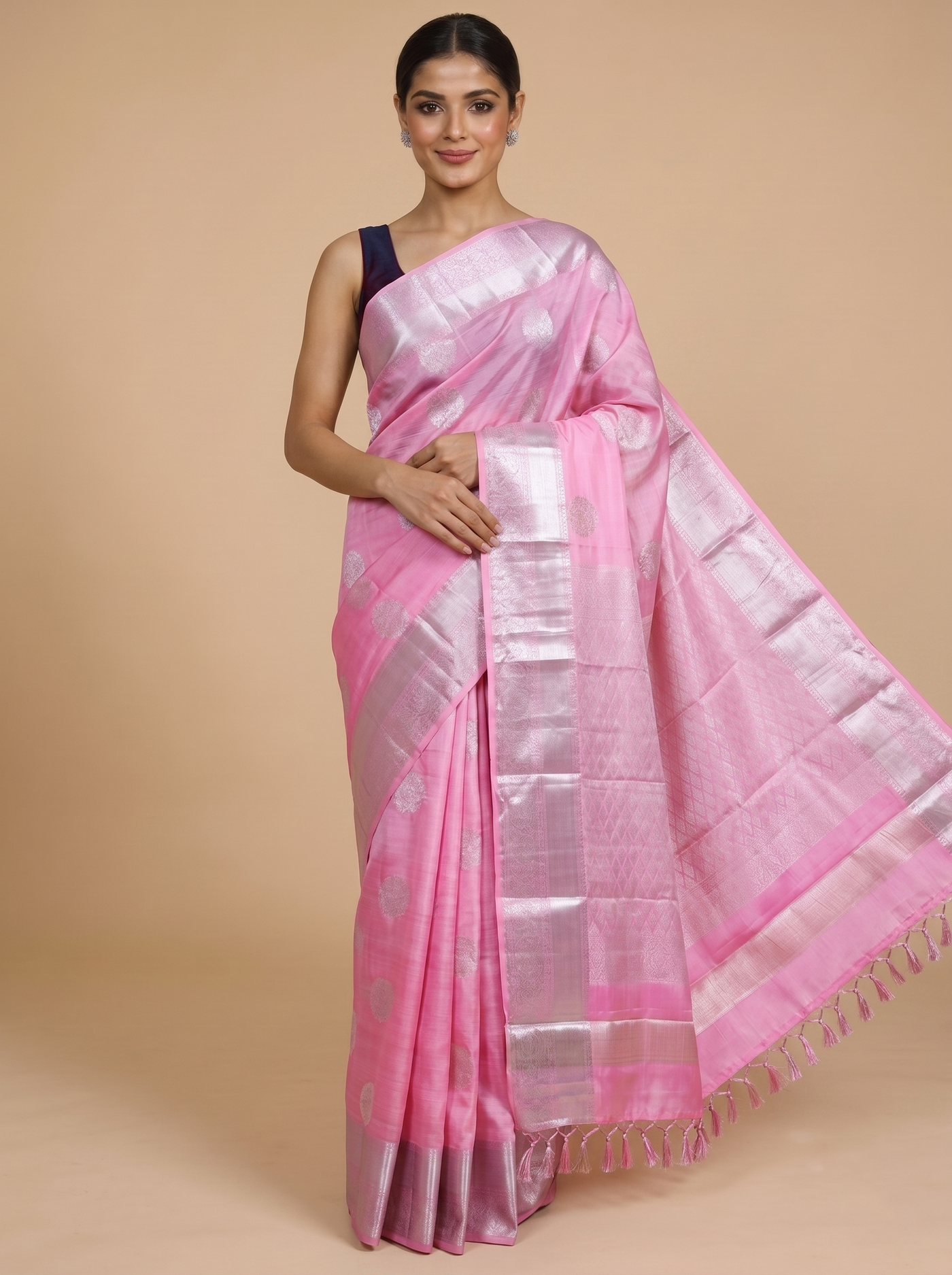 Bubblegum Pink with gray Pure Kanjivaram Silk Saree