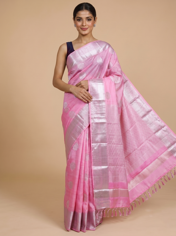 Bubblegum Pink with gray Pure Kanjivaram Silk Saree
