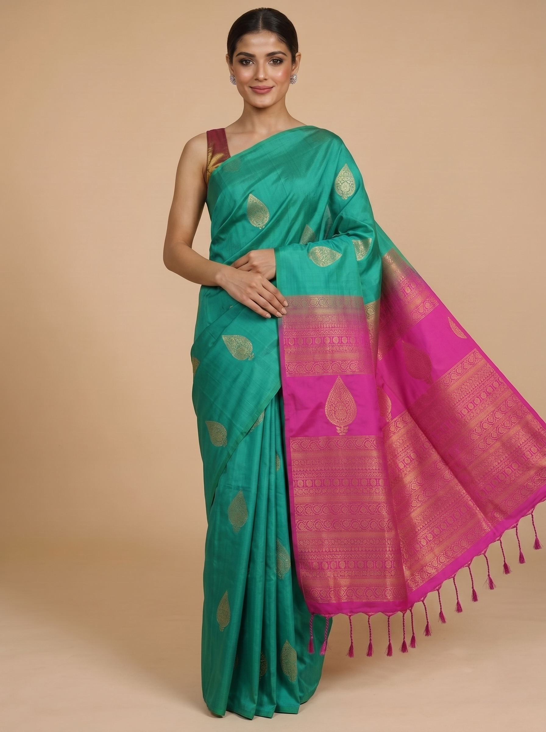 Sea Green with Magenta Semi Silk Saree