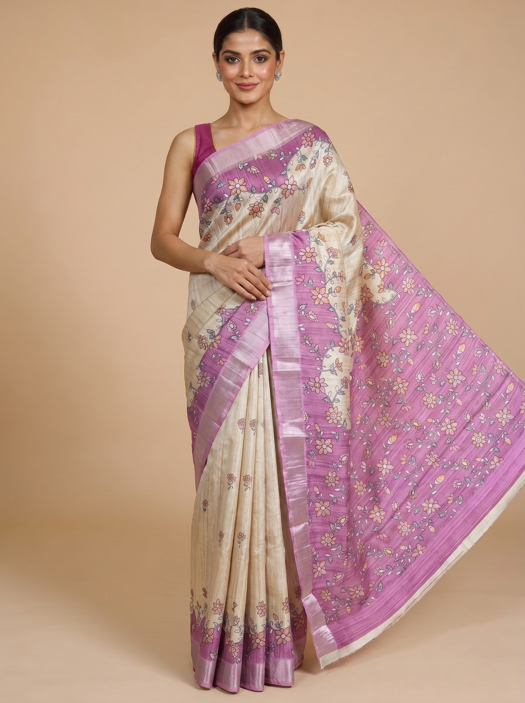 Off-White with Pink - Semi Tussar Saree