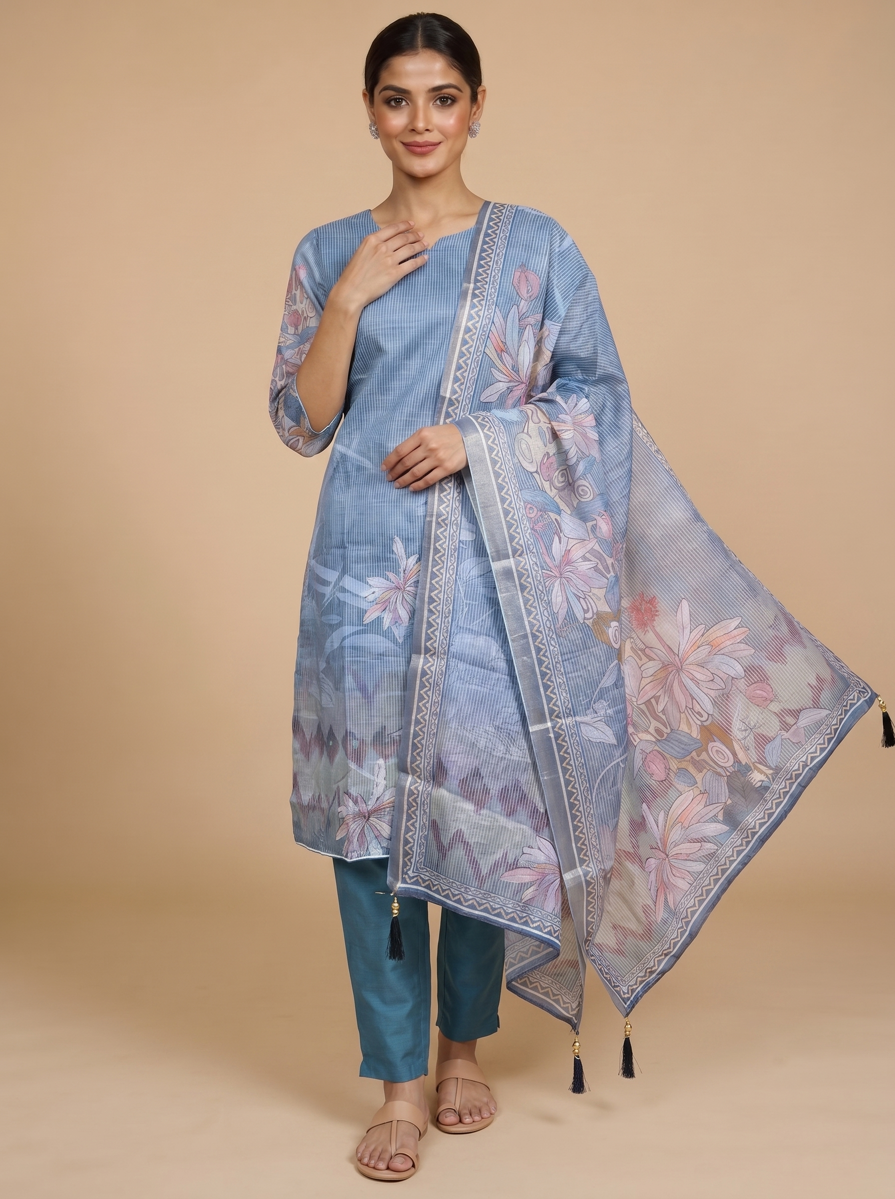 Steel Blue with Pastel Floral Dupatta Ready Made Salwar Suit