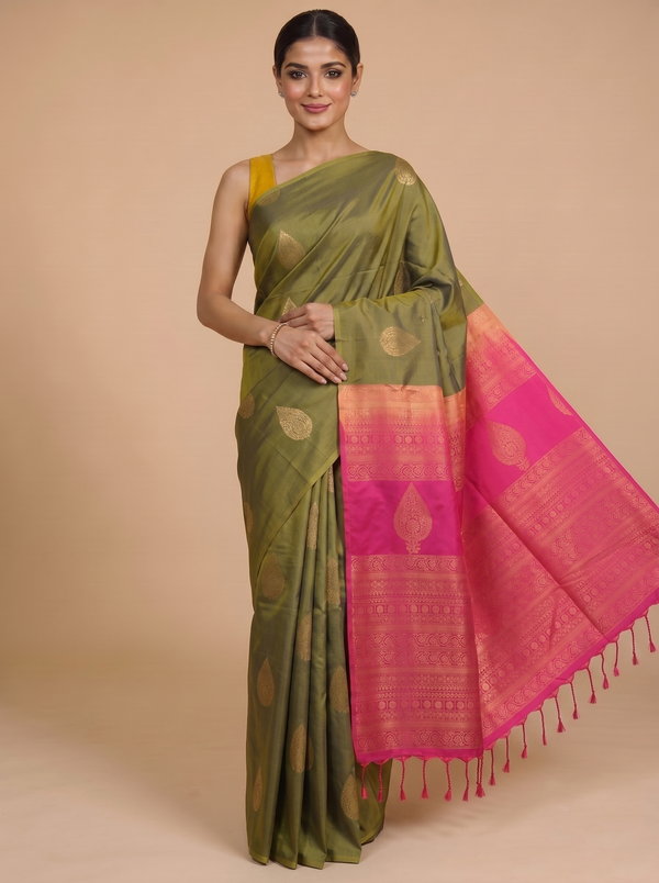 Olive Green with Pink - Semi Silk Saree