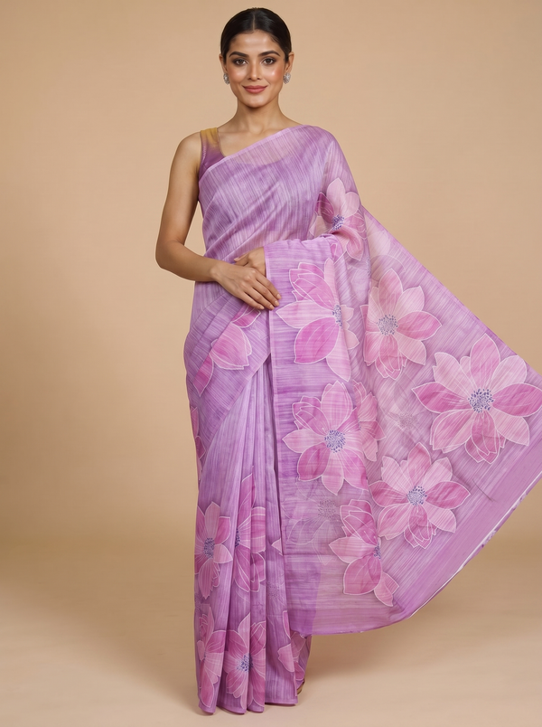 Lavender with Pink Floral Pallu - Semi Tussar Saree
