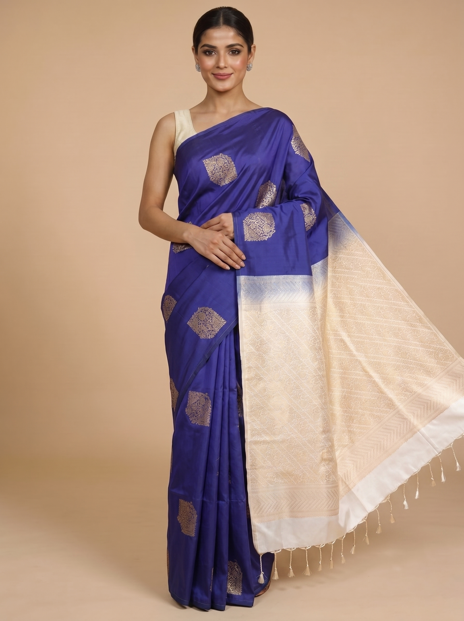 Royal Blue with Cream Semi Silk Saree