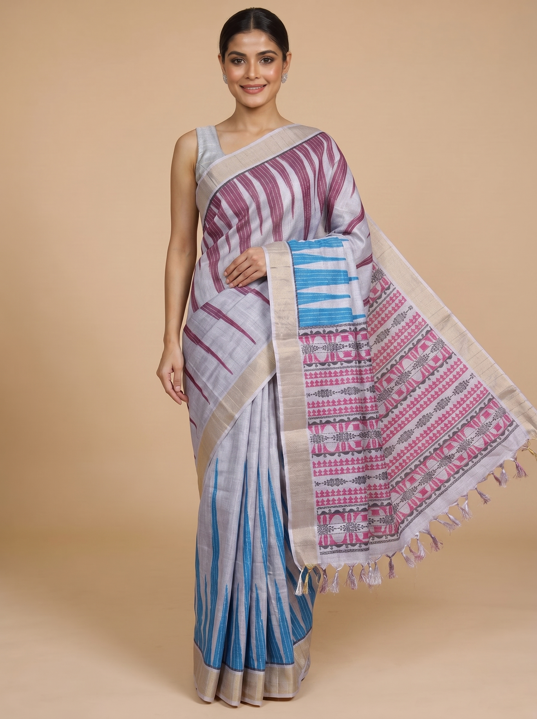 Light Grey with Multicolor Munthi Dola Silk Saree
