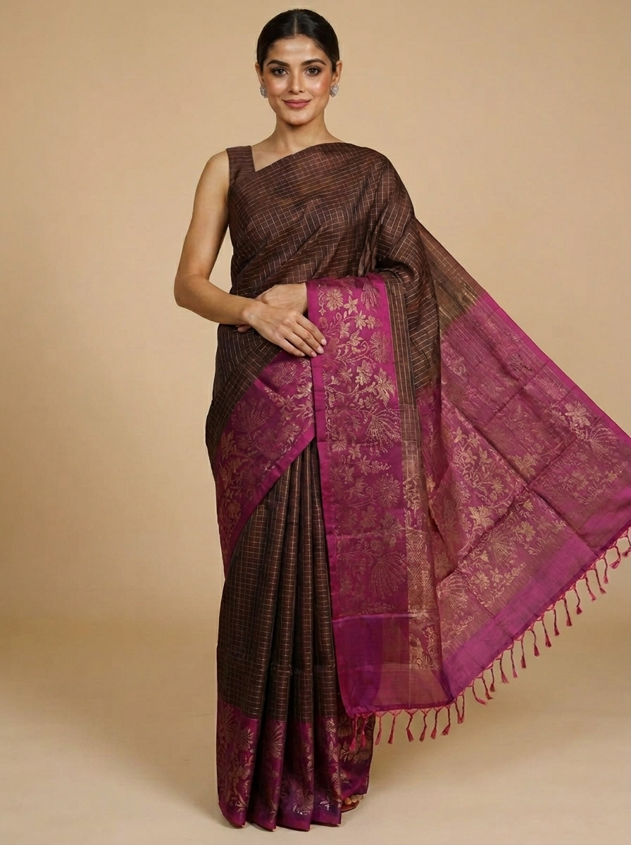 Exquisite Coffee Brown With Magenta Silk Saree with Fine Zari Checks