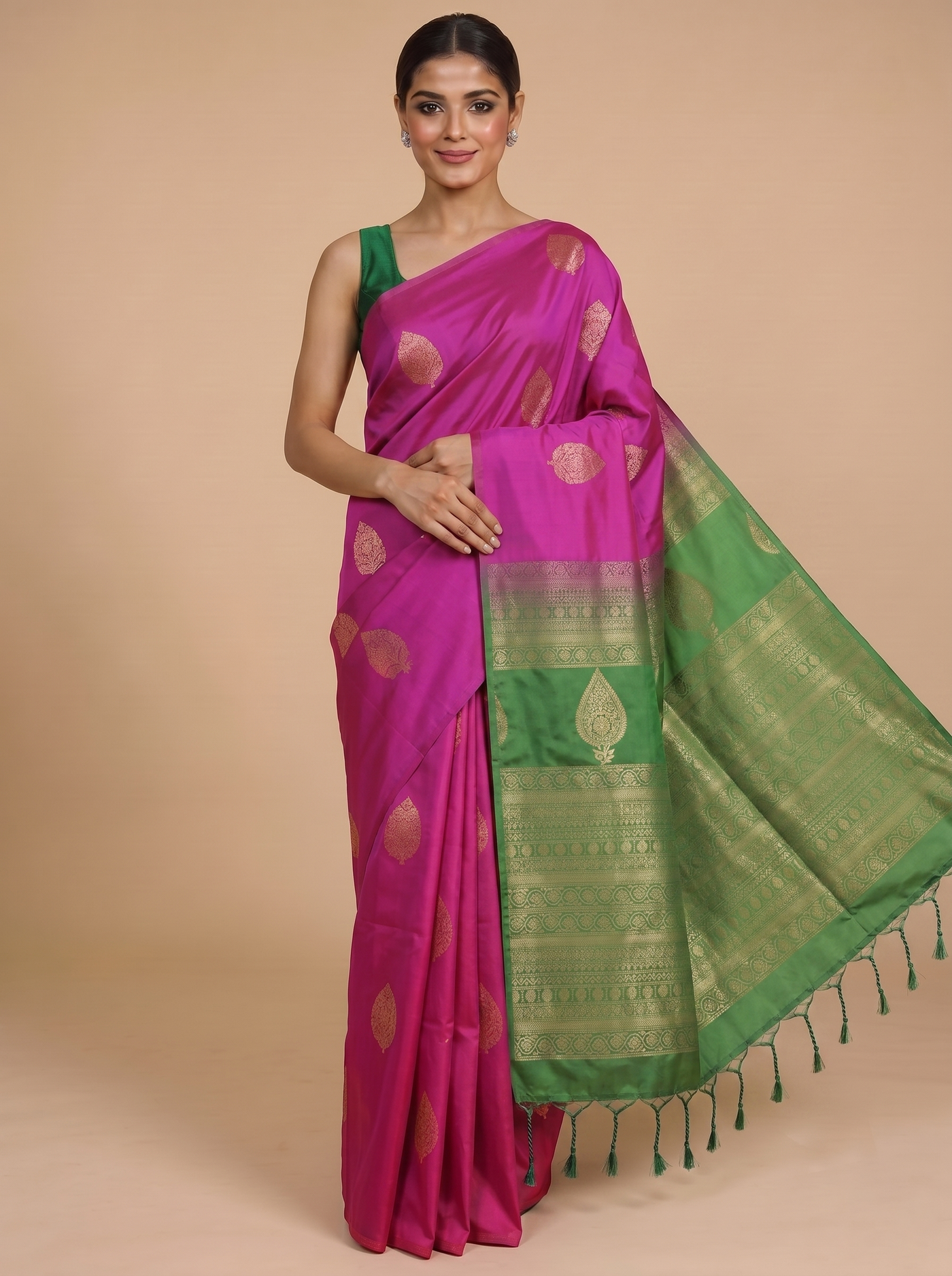 Magenta with Green - Semi Silk Saree